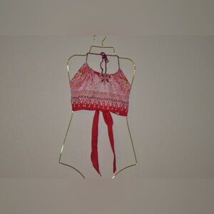Guess halter open back tied red pattern crop top
